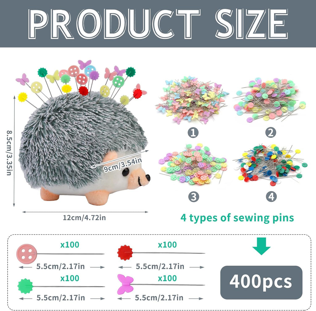 FTEVEN 400 Pieces Flat Head Straight Pins with Hedgehog Pincushion