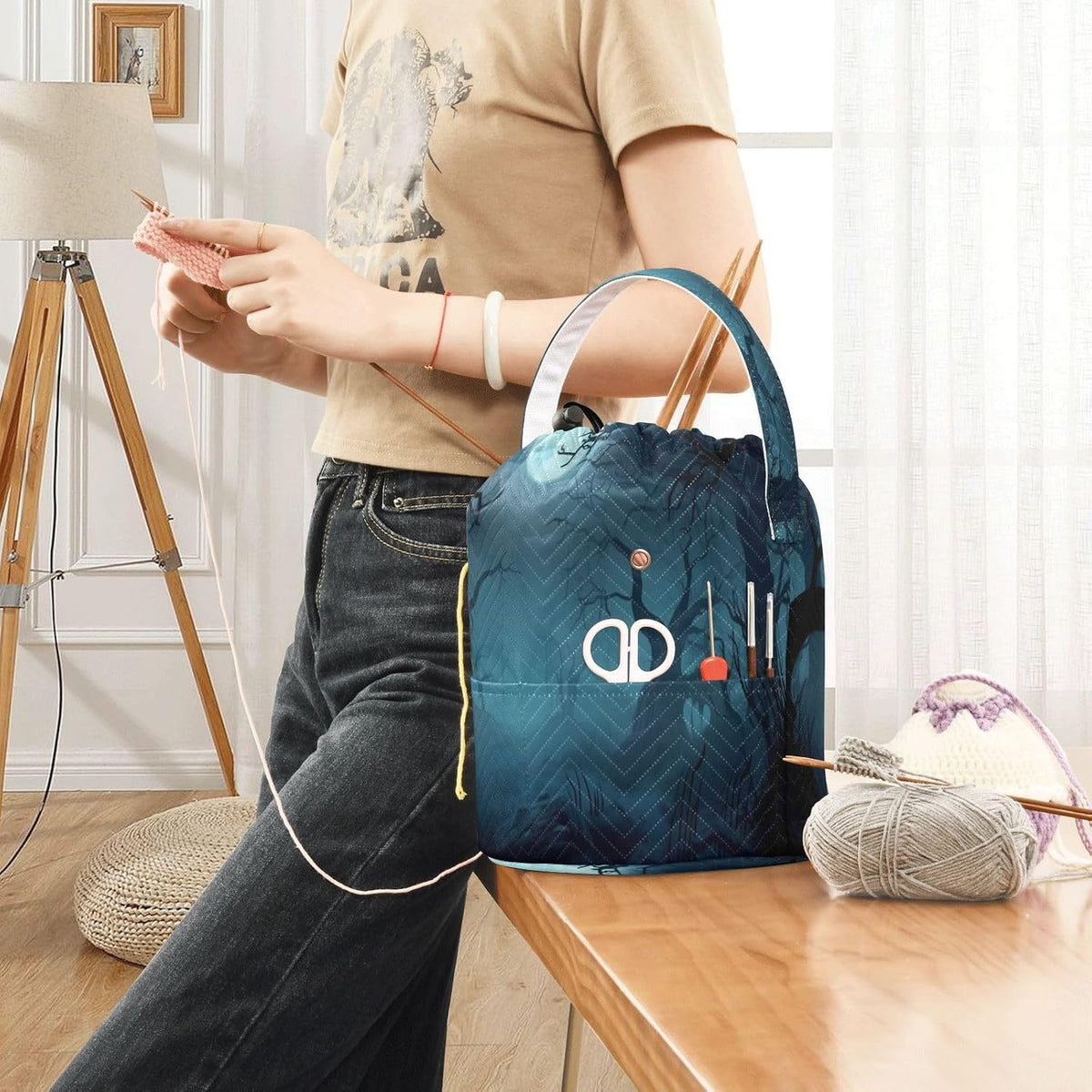 YETTASBIN Scary Forest Yarn Storage Bag, Large Crochet Knitting Bag