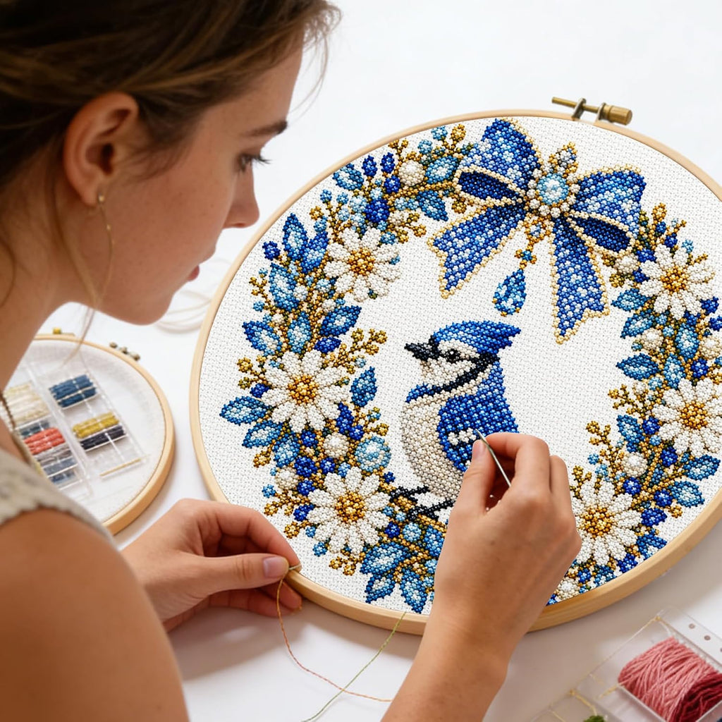 Stamped Cross Stitch Kit for Adults Bird Floral Bow 11CT (Blue Jay)