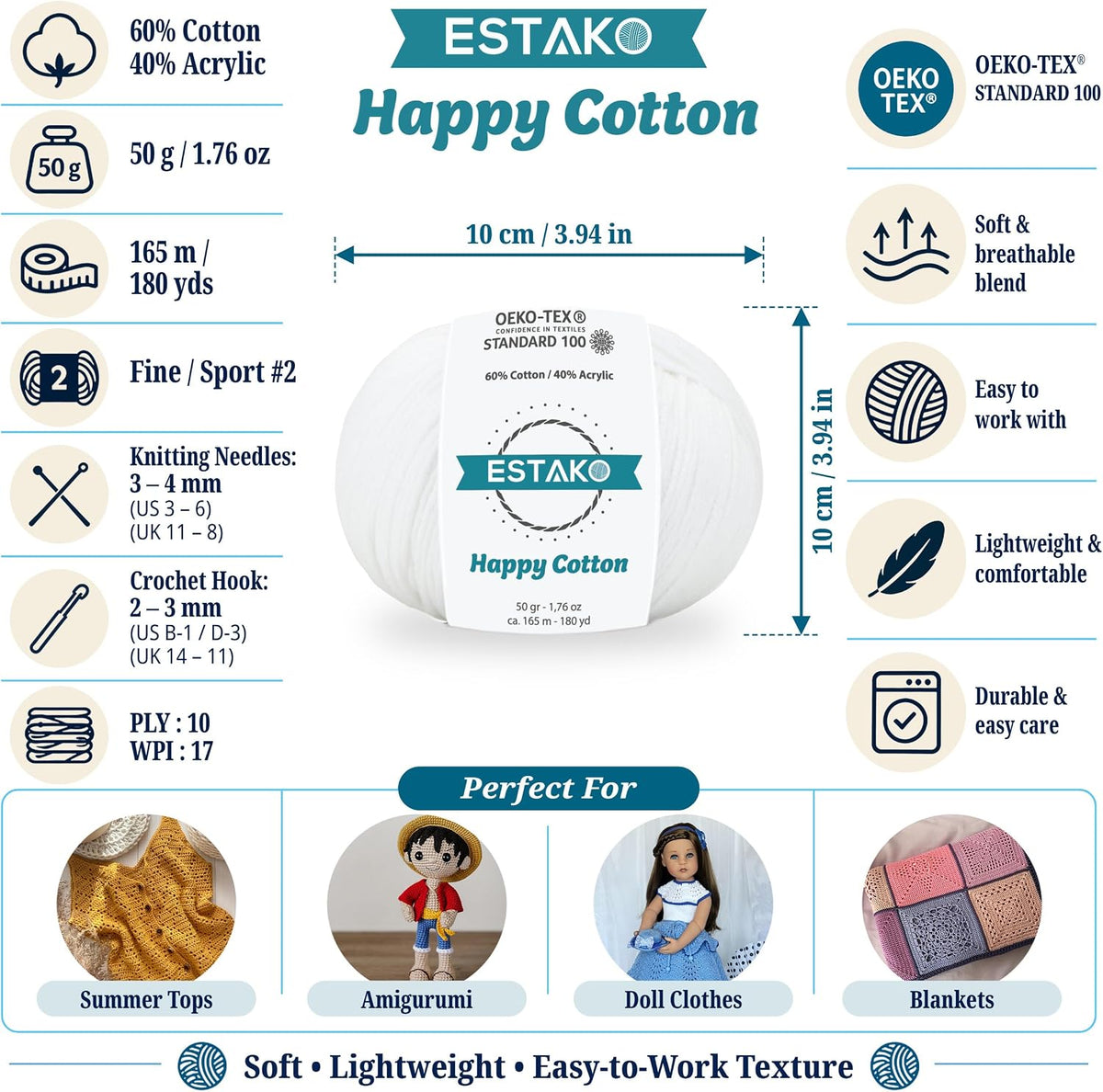 Estako Happy Cotton 60% Cotton 40% Acrylic Yarn, Fine Sport Weight 2