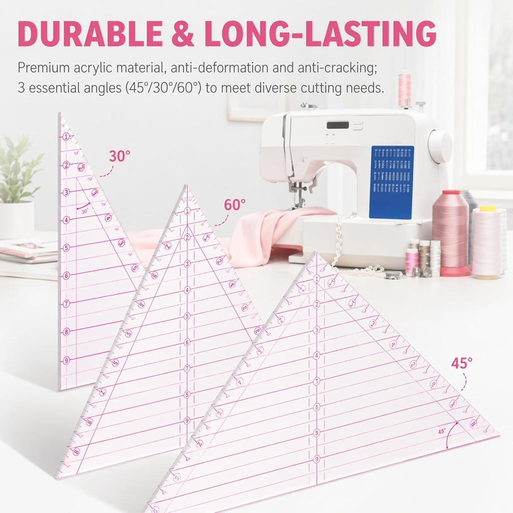 3 Pcs Pink Triangle Quilting Ruler Set - 10 Inch 30 45 60 Degree