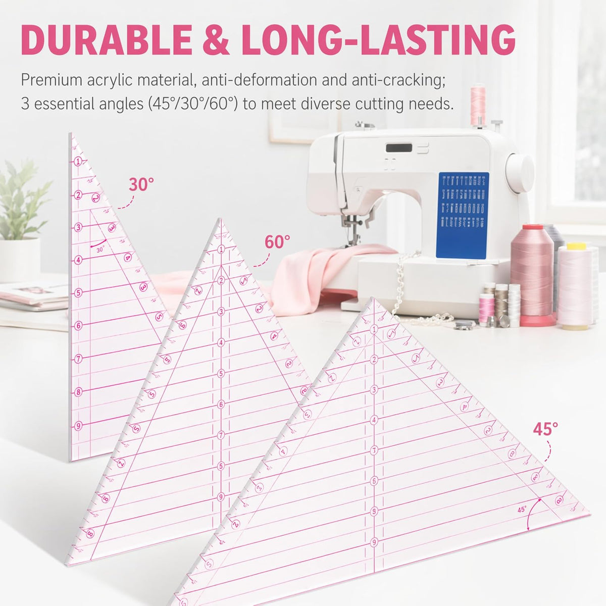 3 Pcs Pink Triangle Quilting Ruler Set - 10 Inch 30 45 60 Degree