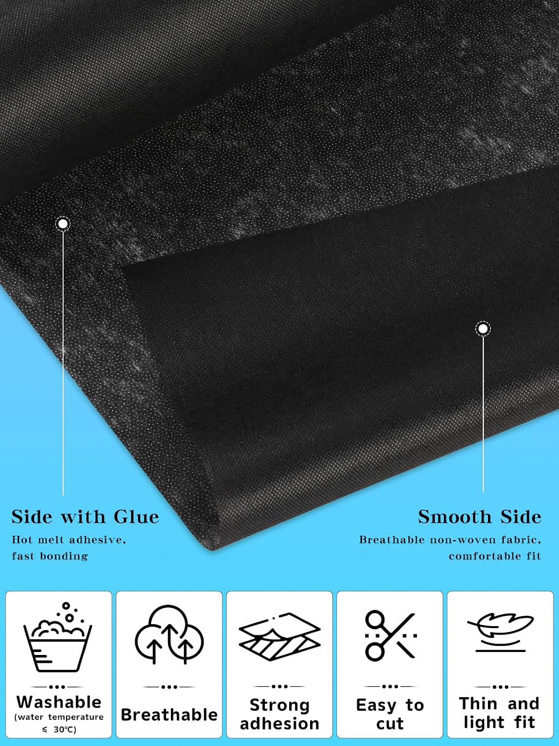 11.6" x 30 yd Black Lightweight Fusible Interfacing for Sewing
