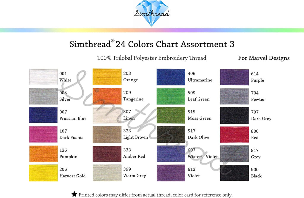 Simthread 1100 Yards 1000m miniking Spool 24 Assorted Colors Trilobal