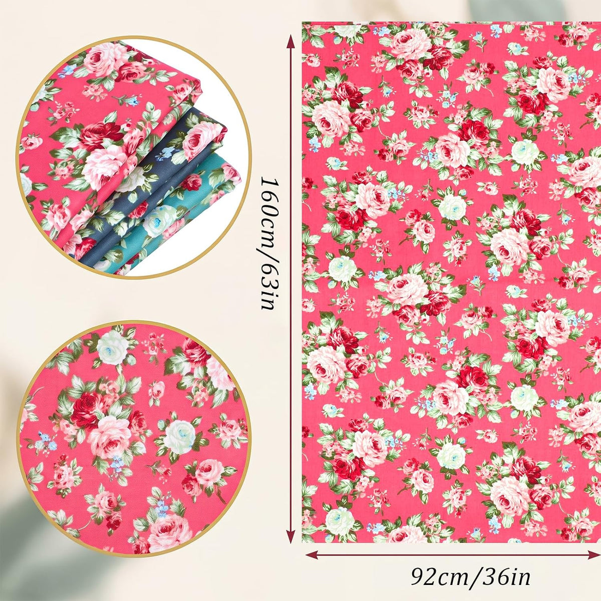 3 Pcs Floral Cotton Fabric by the Yard 63 X 36 in, 3 Yards