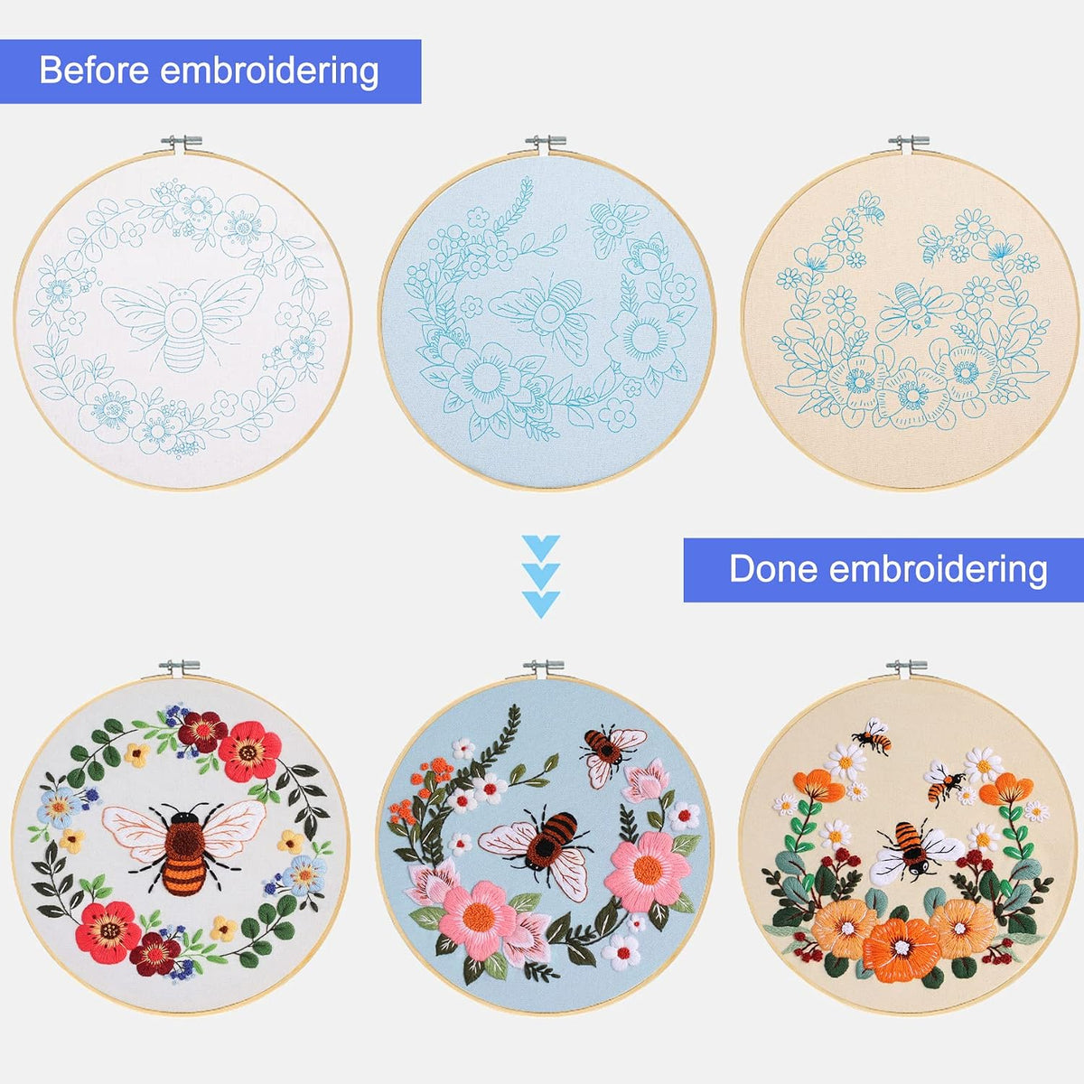 Santune 3 Pack Bee Embroidery Kit for Beginners Adult Cross Stitch