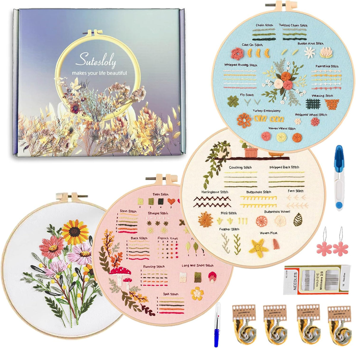 Sutesloly Hand Embroidery Kit for Beginners, 4 Sets Learn to Floral