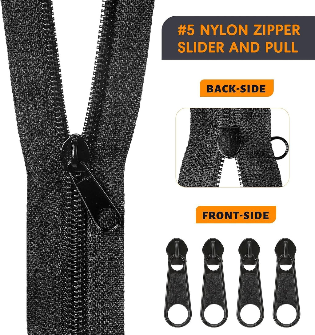 10 Yards Bulk Zippers, #5 Black Nylon Coil Zippers by The Yard