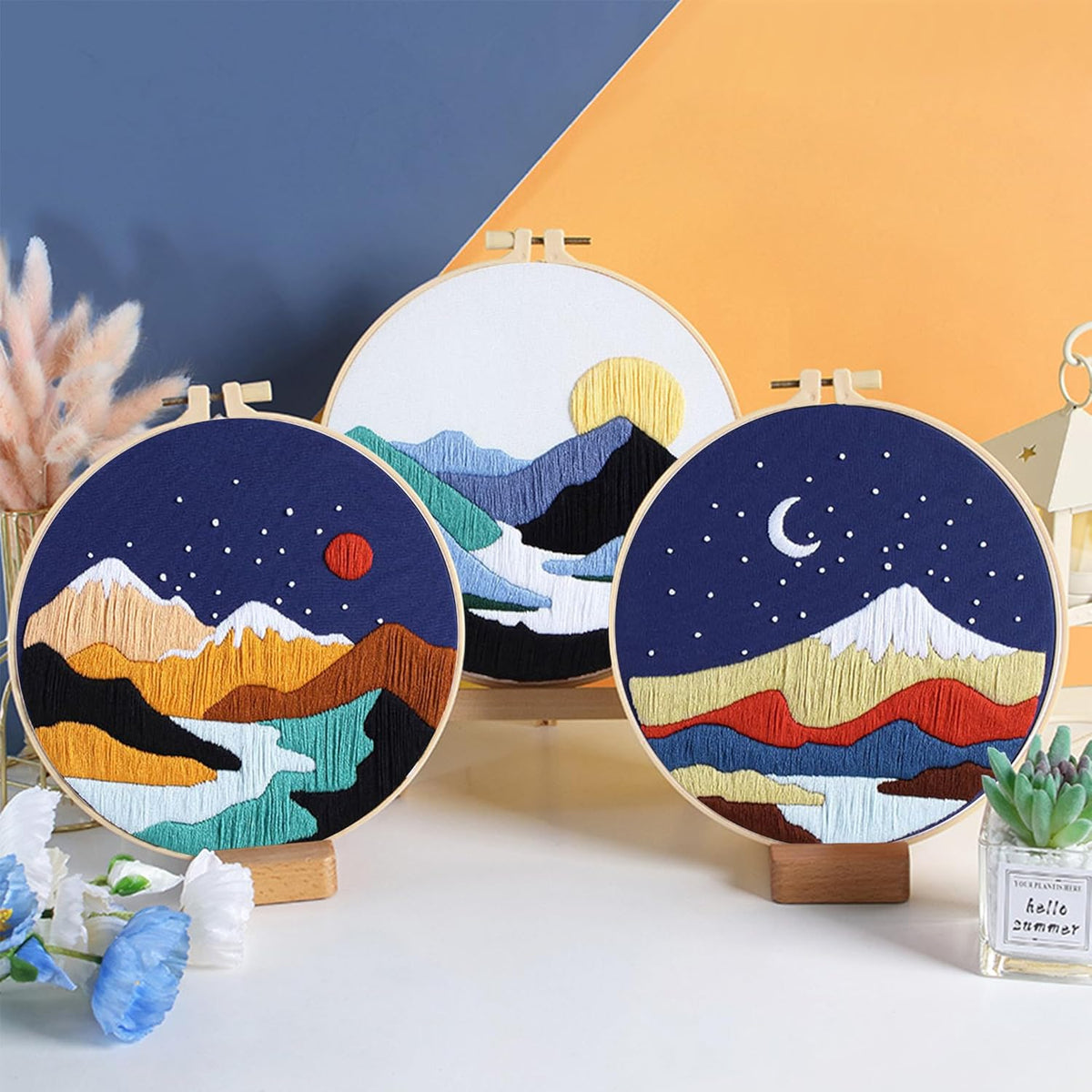 KEKEMEOW 3 Sets Embroidery Kit for Beginners, Stitches with Landscape