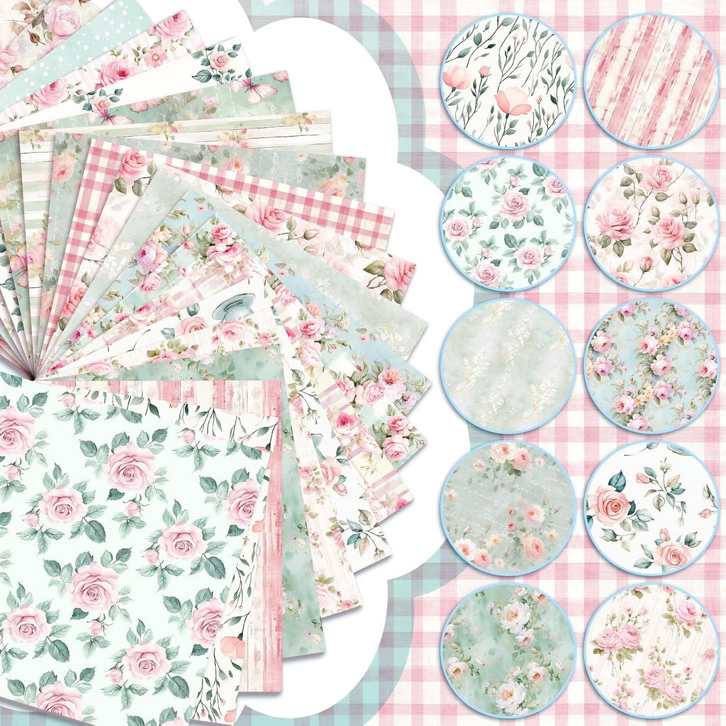 HunnmingRe 20 Pcs 10''x10'' Pink and Green Floral Quilting Fabric