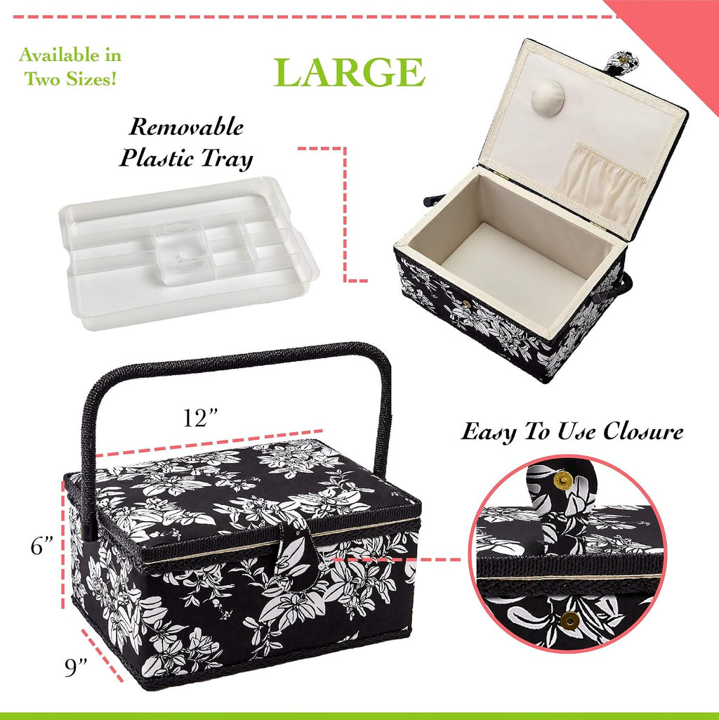 Sewing Basket with Floral Print Design - Sewing Kit Storage Box with