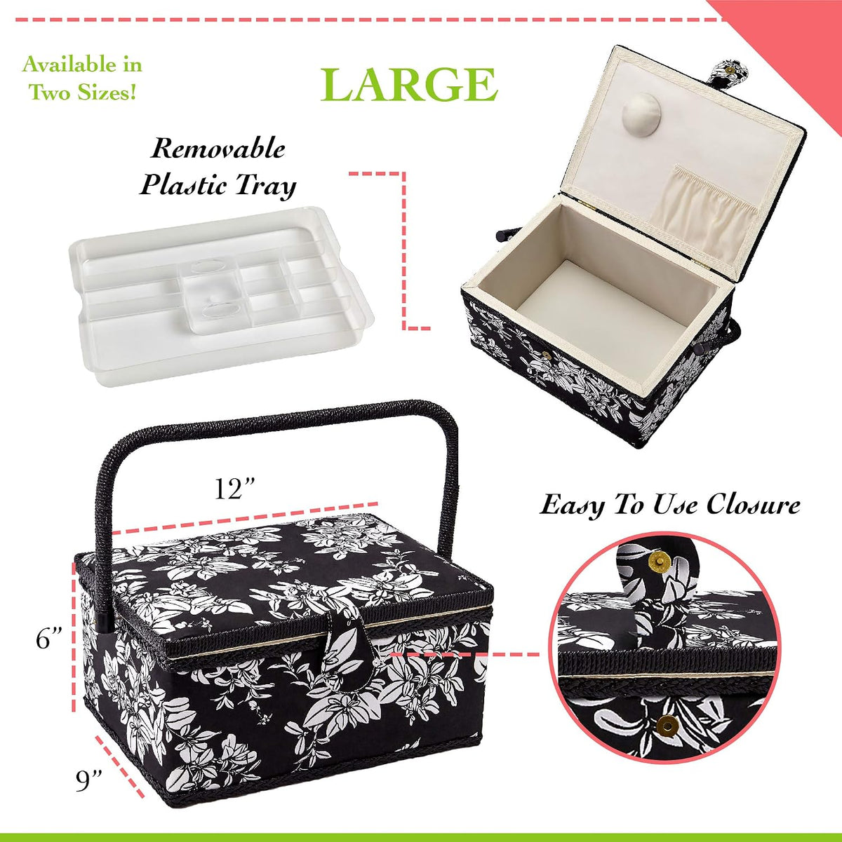 Sewing Basket with Floral Print Design - Sewing Kit Storage Box with