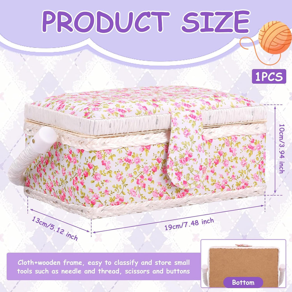 Vintage Floral Sewing Basket with Organizer Tray, Portable Sewing