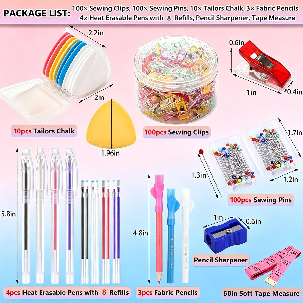 10Pcs Triangle Tailors Chalk with 100Pcs Sewing Clips, 100pcs Straight