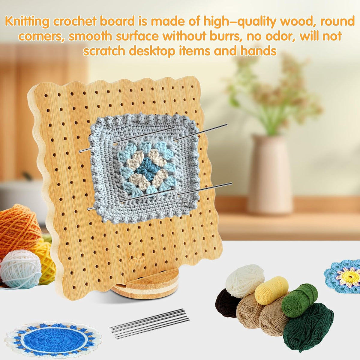 Abizarch 7.7in Square Crochet Blocking Board with Oval Base, Bamboo