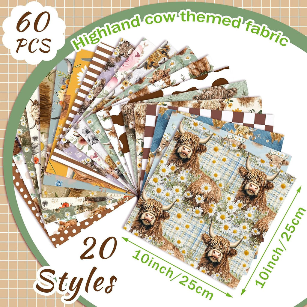 Ganeen 60 Pcs 10 x 10 Inch Vintage Highland Cow Quilting Fabric