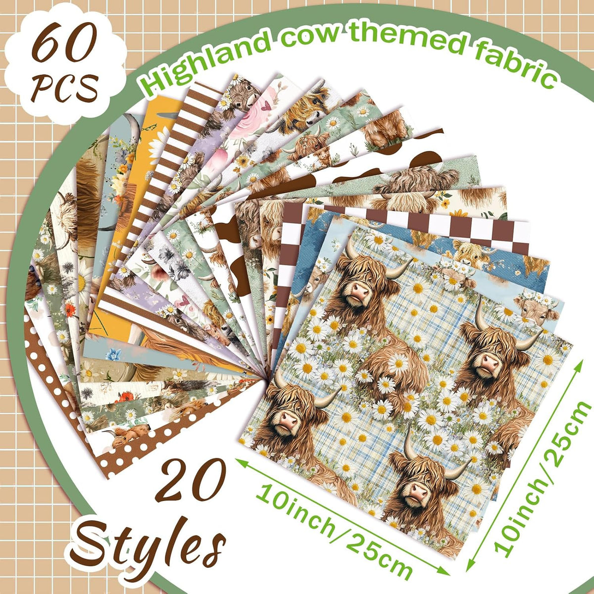Ganeen 60 Pcs 10 x 10 Inch Vintage Highland Cow Quilting Fabric