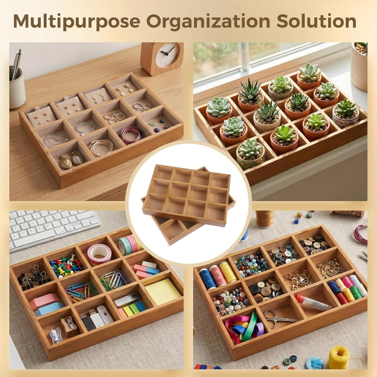2 Pack Wooden Sorting Trays, 12-Compartment Organizer Boxes