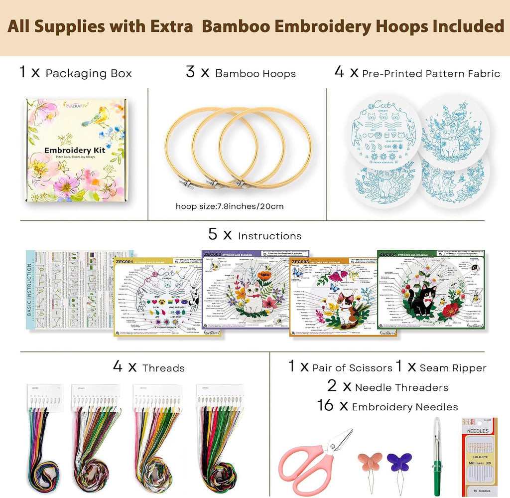 4-Piece Cat Embroidery Kit for Beginners, Needle Point Kit Adults