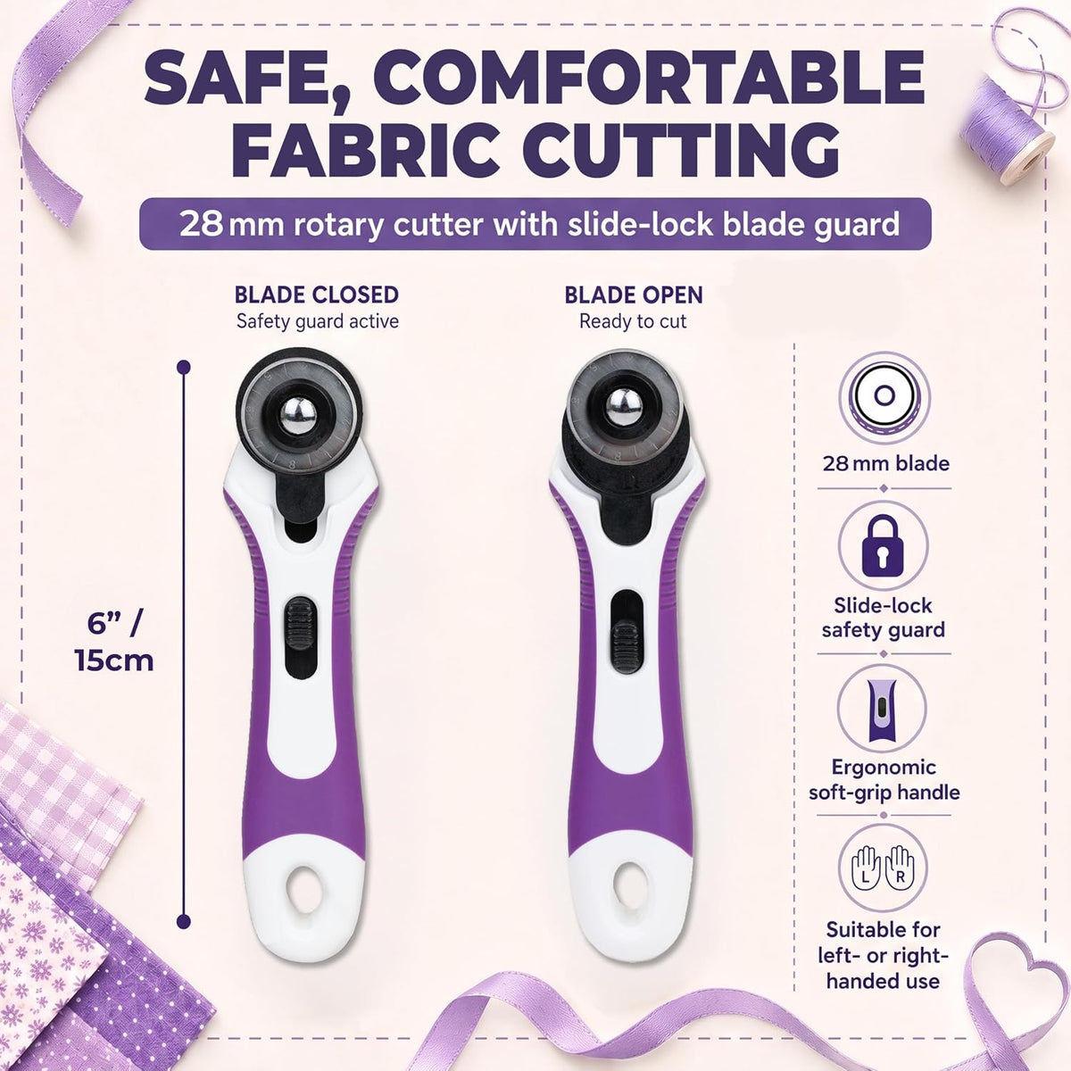 The Quilted Bear 28mm Fabric Rotary Cutter for Quilting, Sewing &