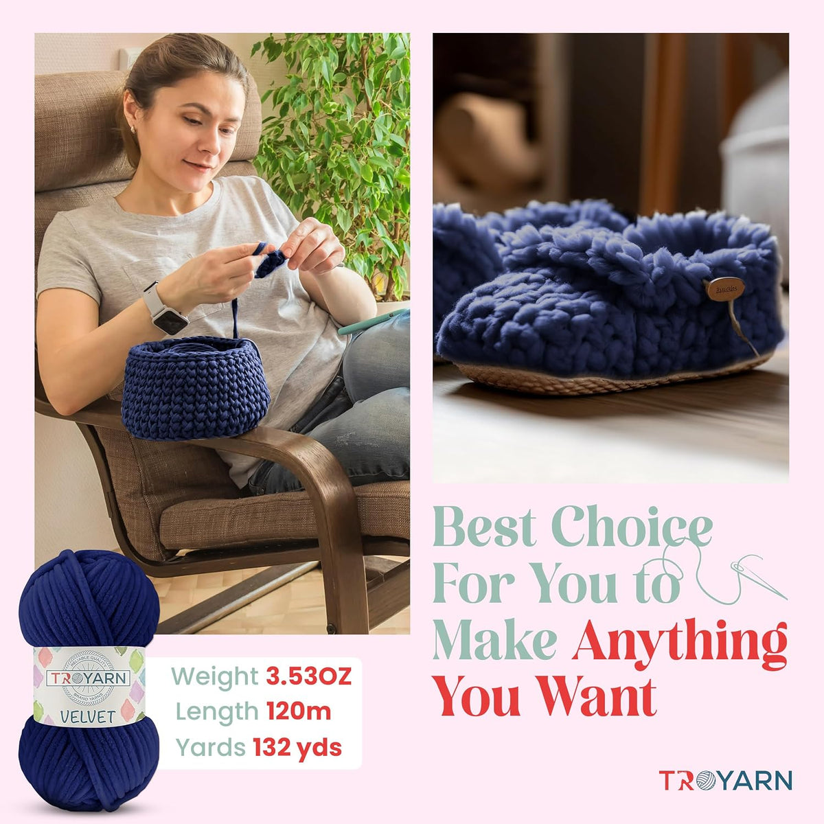 Troyarn Velvet Yarn for Crocheting, Super Bulky Chenille Yarn, Navy