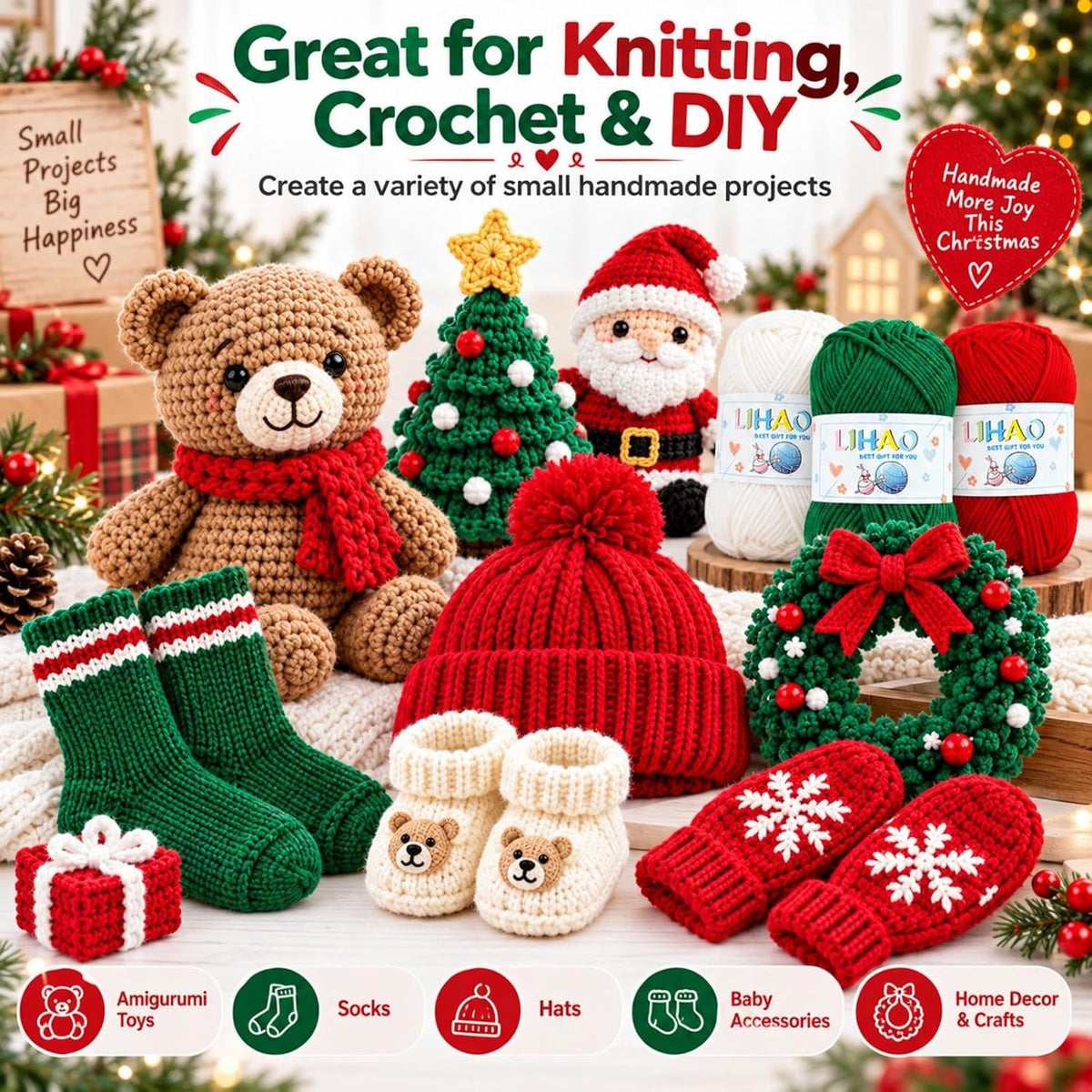 LIHAO Christmas Yarn for Crochet and Knitting, 6 Skeins, Red, Green