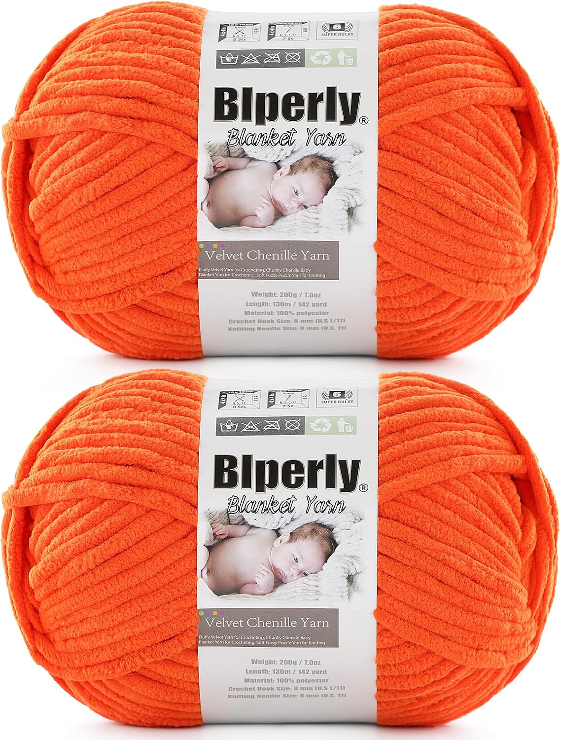 6 Super Bulky Chenille Yarn for Crocheting, Orange Chunky Yarn for