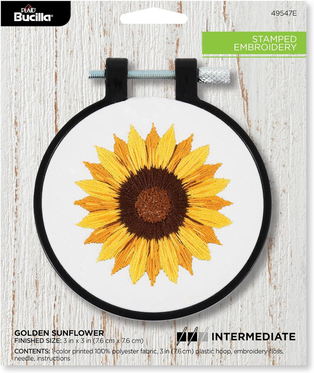 Bucilla, Stamped Embroidery Kit, Golden Sunflower, Includes 3" Hoop