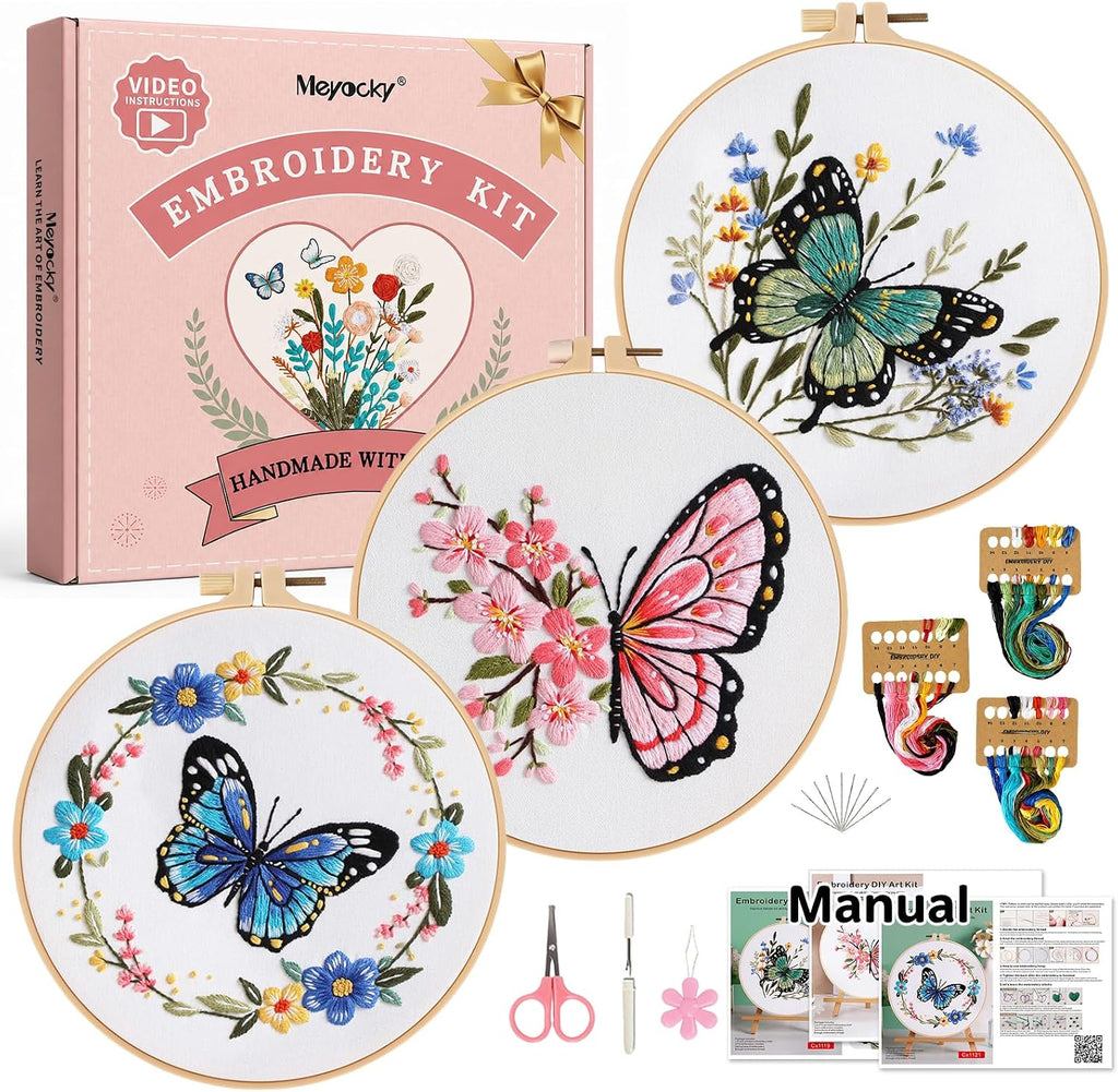 Meyocky Butterfly Flower Embroidery Kit for Beginners with Stitch