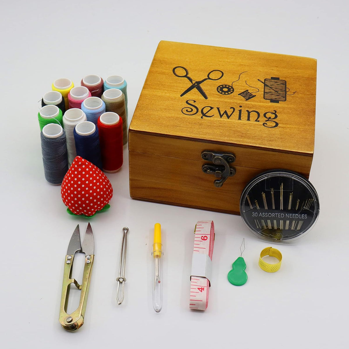 Flytreal Sewing Kit Small Box Basket, Wooden Hand Home Sewing Repair