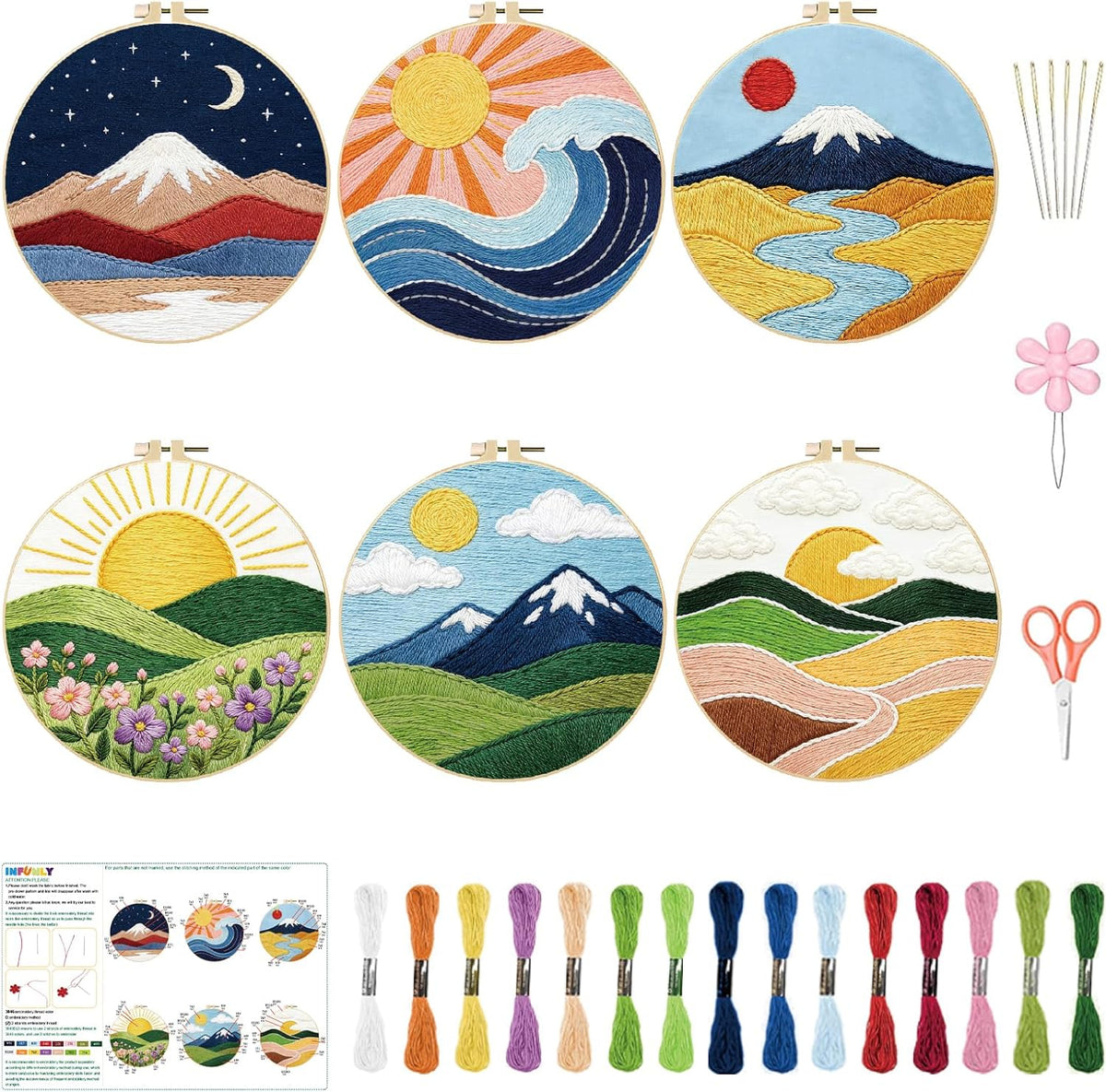 INFUNLY 6 Sets Embroidery Kit for Beginners with Natural Scenery