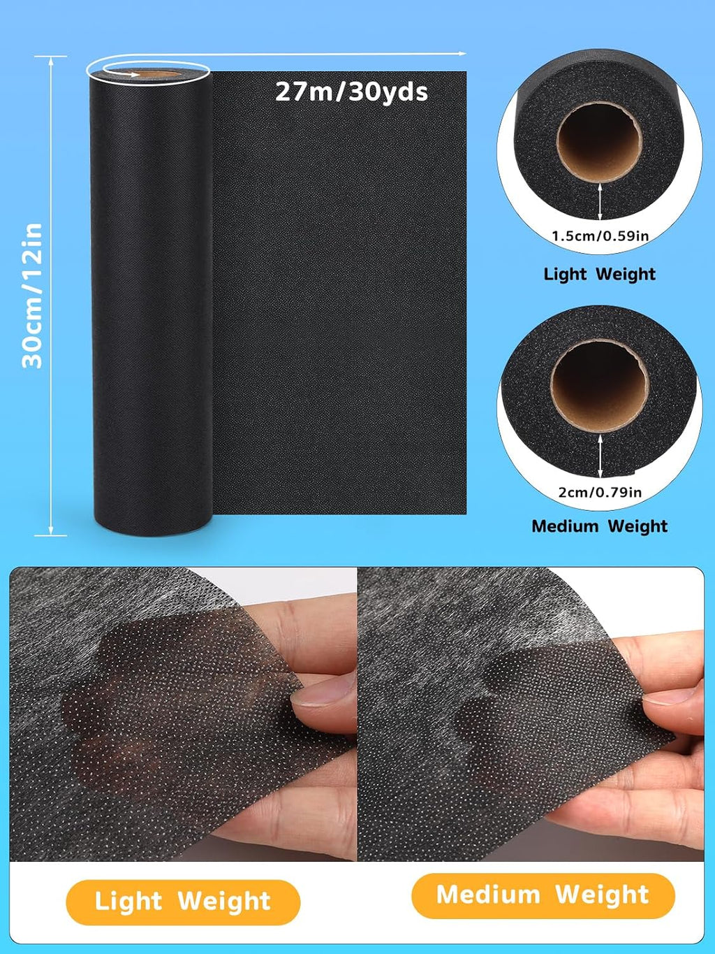 11.6" x 30 yd Black Lightweight Fusible Interfacing for Sewing