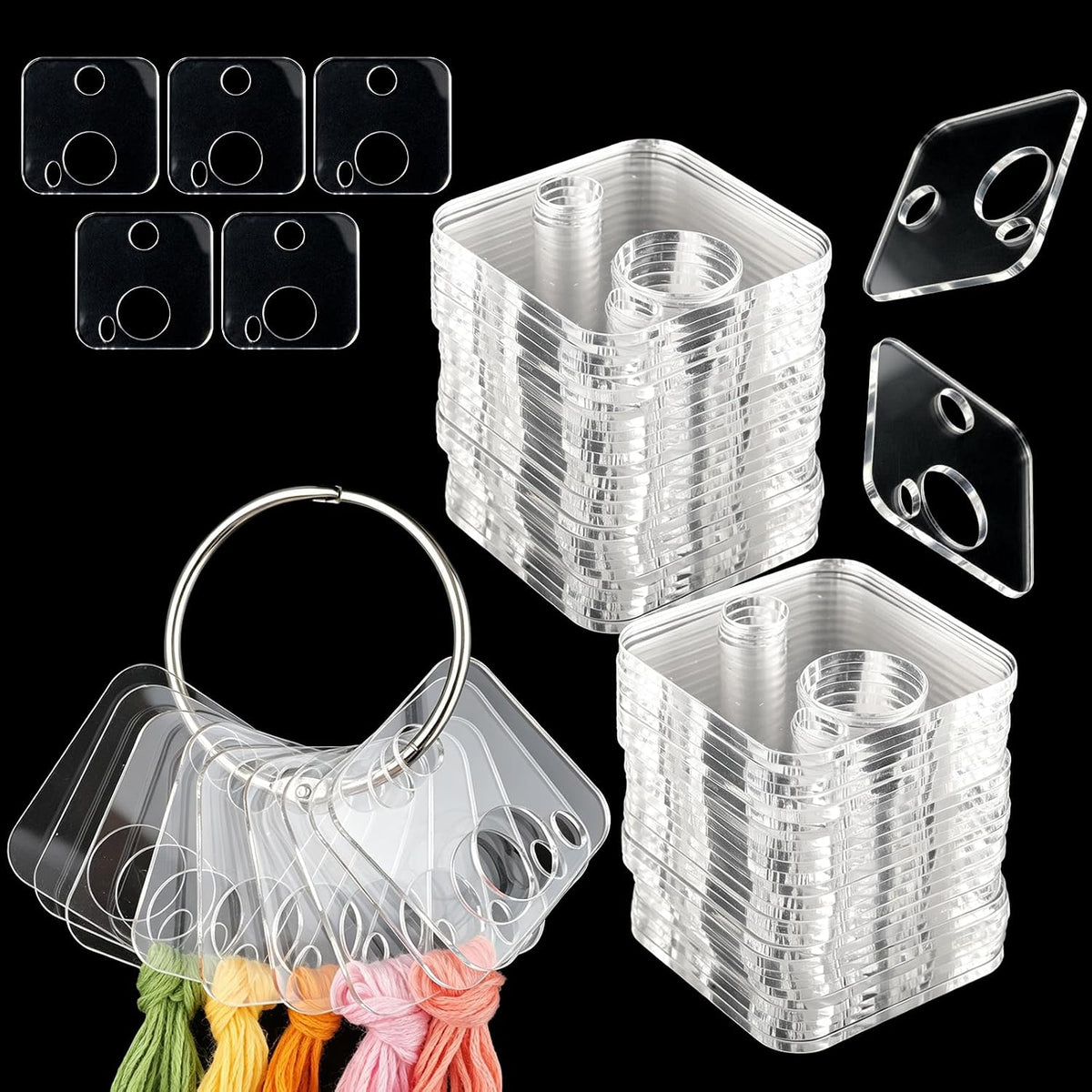 53 Pcs Clear Acrylic Embroidery Floss Drops,Hinged Ring Thread Bobbins