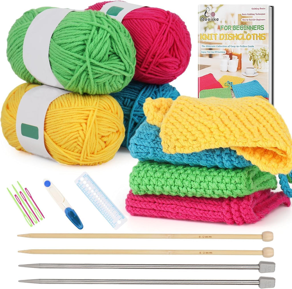 Aeelike Knitting Kit for Beginner Adult, Easy Dishcloth Knit Set