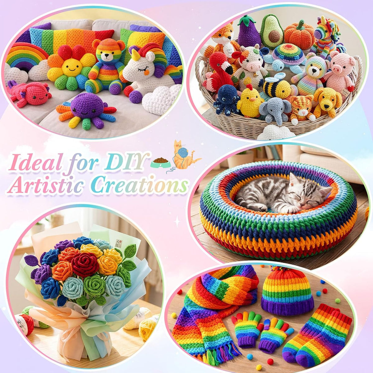 Buryeah 8 Pack #5 Skinny Chenille Yarn for Hand Knitting Rainbow