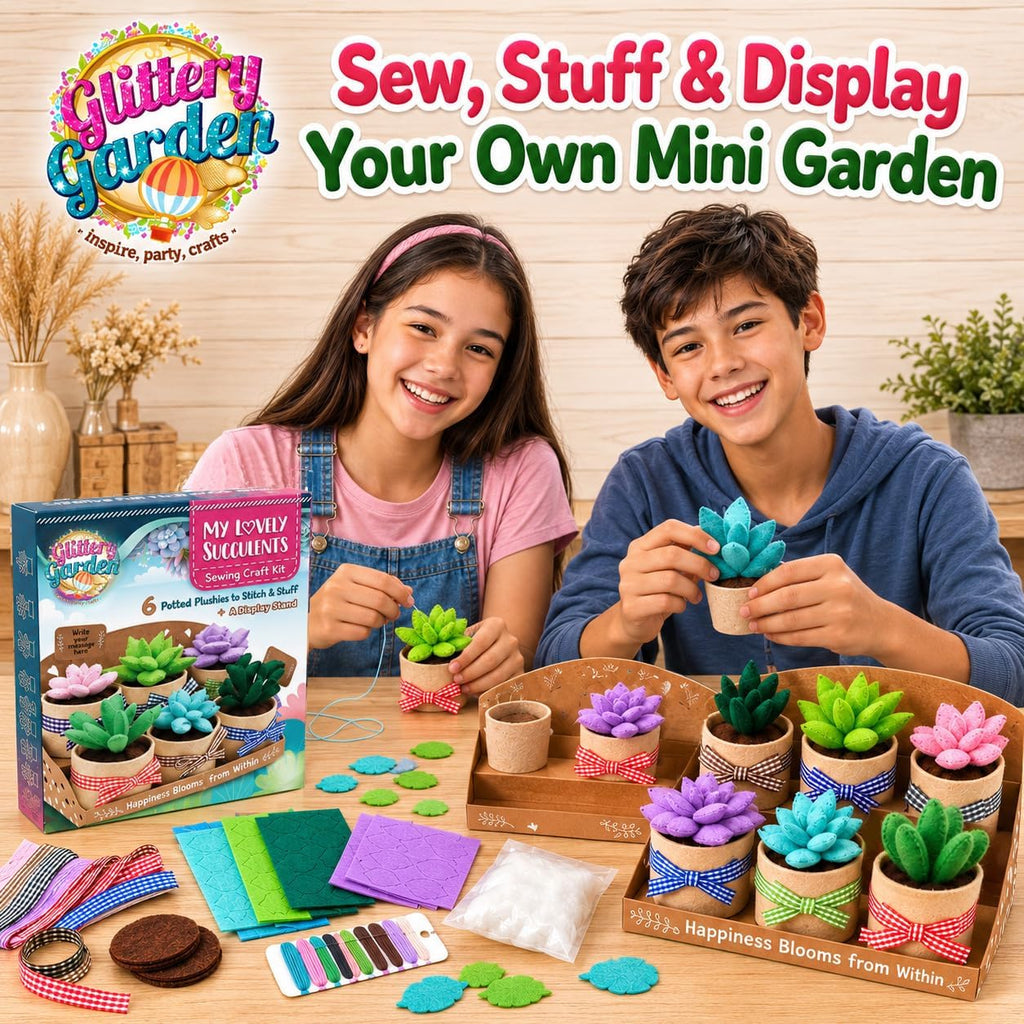 Glittery Garden Felt Succulent Craft Kit. Sewing Project to Make 6