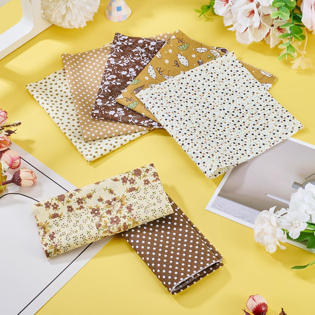 KISSITTY 10"x10" Flower Cotton Fabric Brown Color 7 Sheets Floral