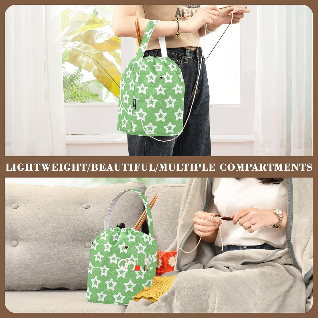 Green Simple Minimalist Stars Crochet Bags Knitting Project Bag with