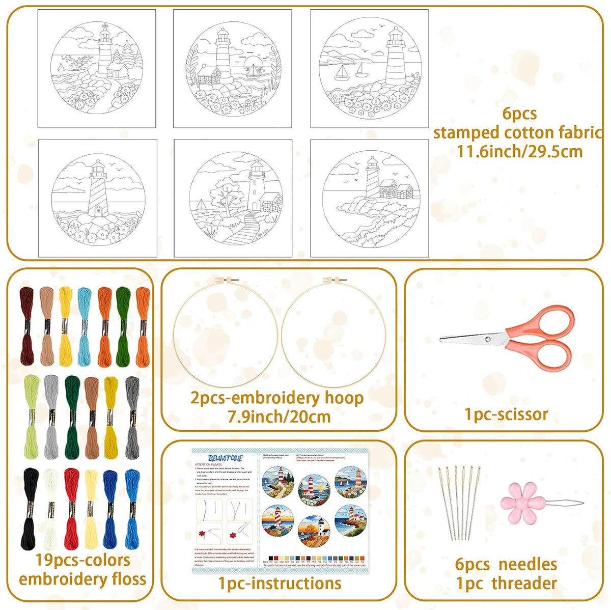 BEUNITONE 6 Set Beginner Embroidery Kit for Adults with Pre-Printed