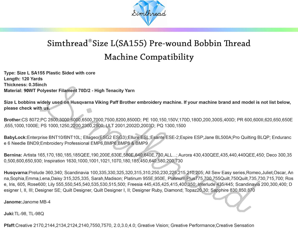 Simthread 144pcs Size L SA155 90WT Prewound Bobbin Thread - Black