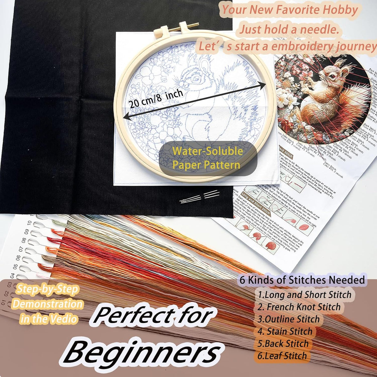 FONNUY Funny Squirrel Floral Embroidery Kit, Cross Stitch Kits for