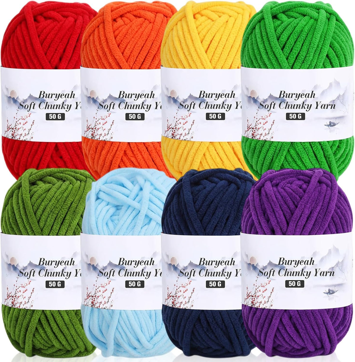 Buryeah 8 Pack #5 Skinny Chenille Yarn for Hand Knitting Rainbow