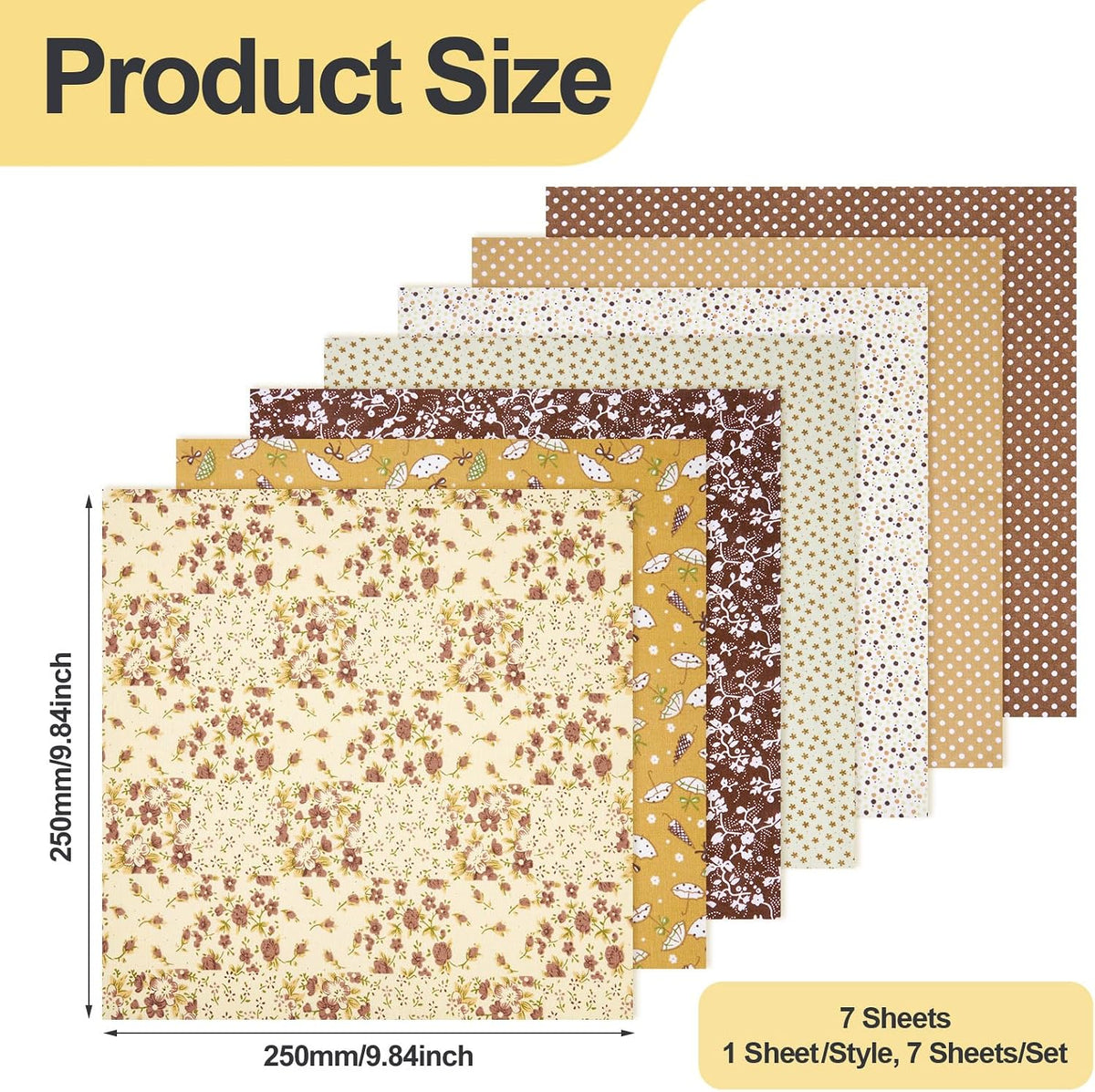 KISSITTY 10"x10" Flower Cotton Fabric Brown Color 7 Sheets Floral