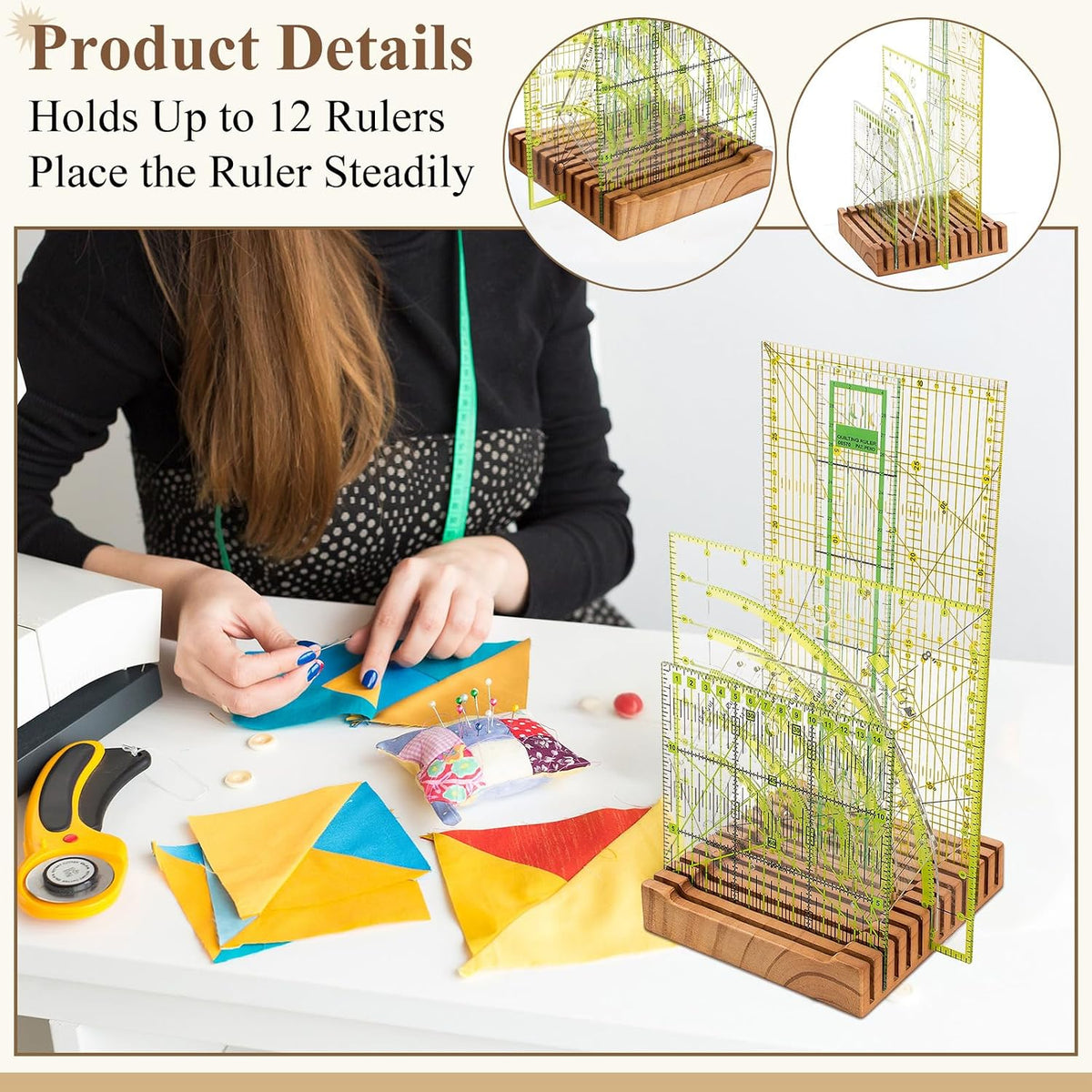 Pinkunn 1 Piece Wooden Quilting Ruler Holder Organizer 6 Inch 12 Slot