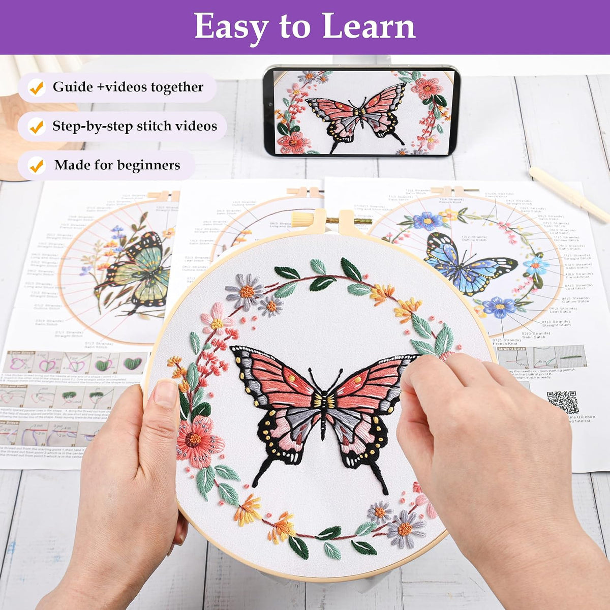 Uniartfy Butterfly Flower Embroidery Kit for Beginners, Cross Stitch