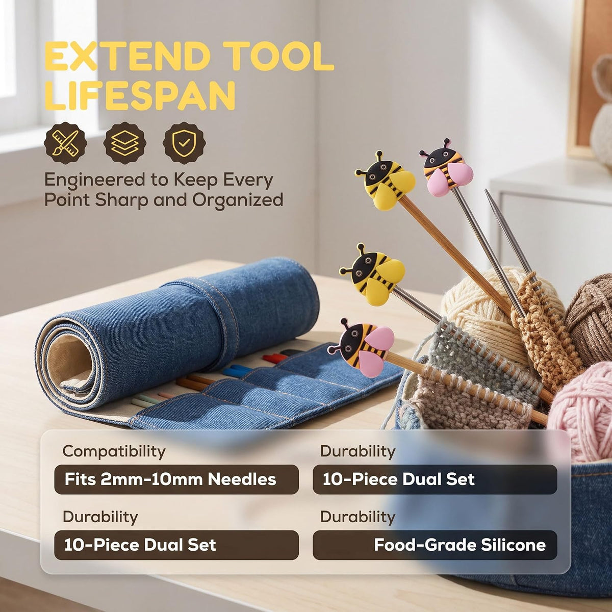 10pcs Cute Bee Knitting Needle Point Protectors, Stitch Stoppers