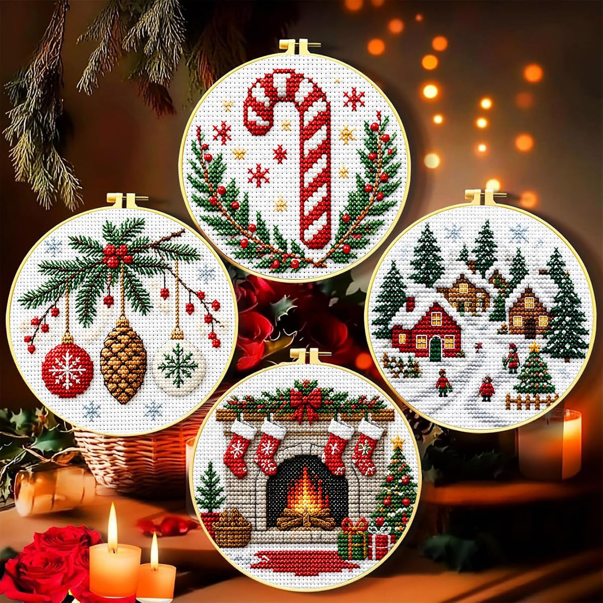 Zhenqing 11CT Stamped Cross Stitch Kit for Adults - 4-Piece Christmas