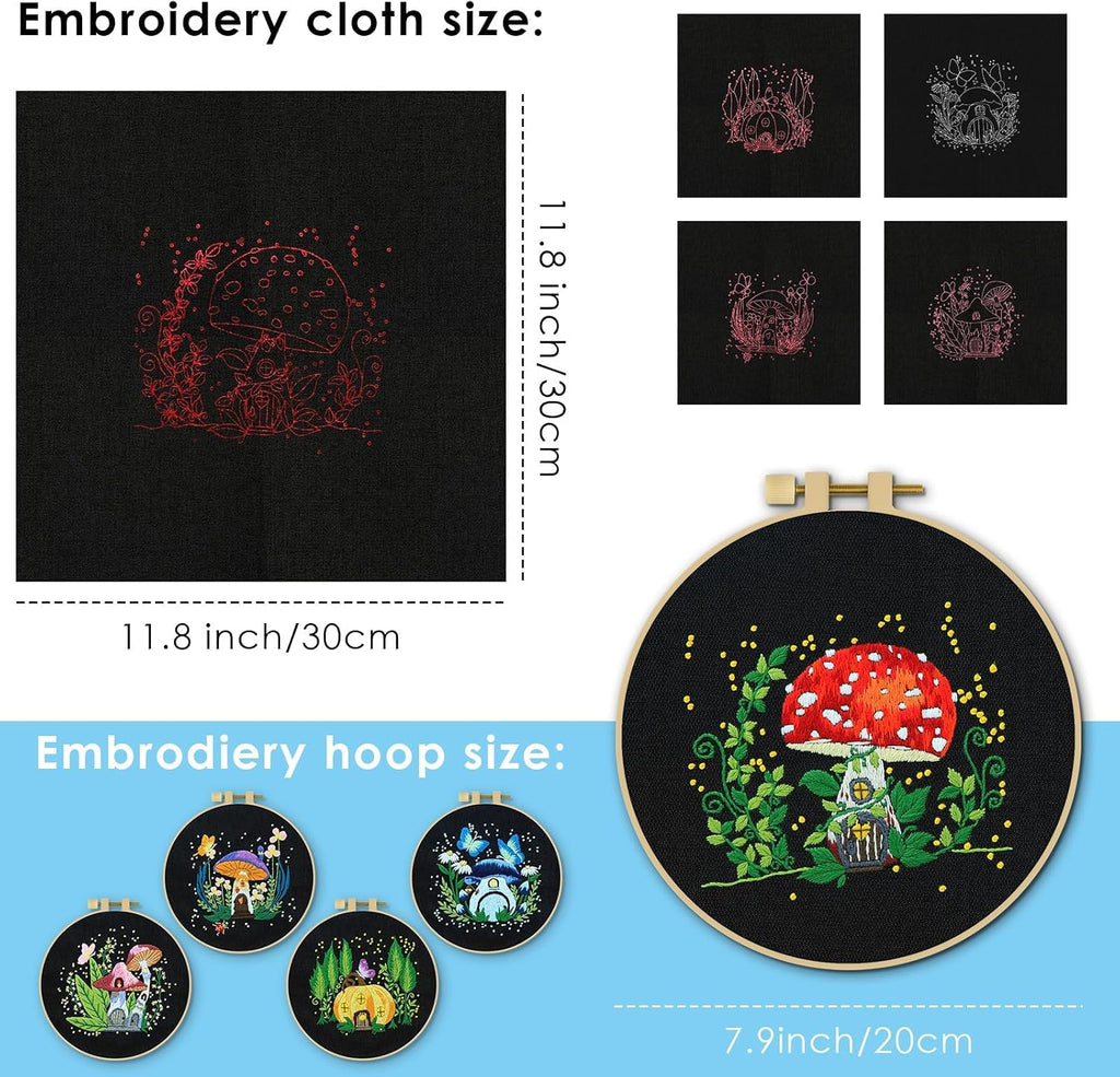 ERKOON 5 Sets Embroidery Kit for Beginners Adult Mushroom Cross Stitch
