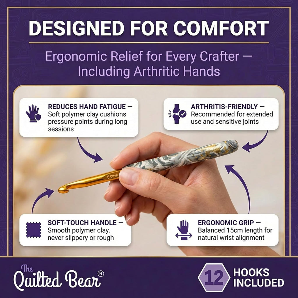 The Quilted Bear Soft Touch Marble Crochet Hook Set, 12 Ergonomic