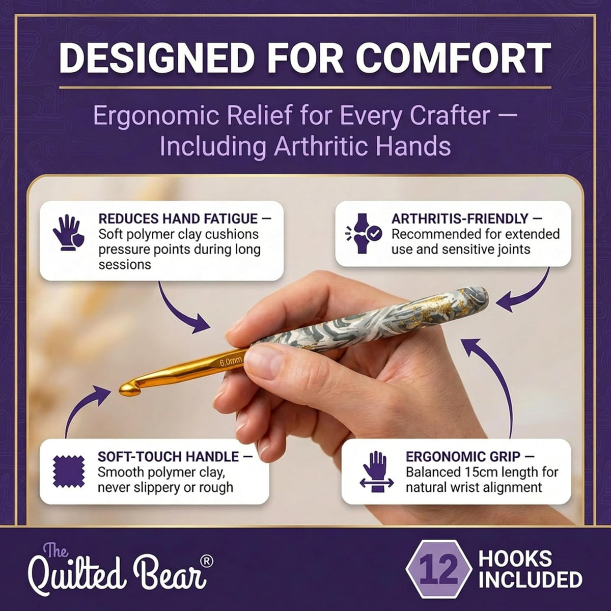 The Quilted Bear Soft Touch Marble Crochet Hook Set, 12 Ergonomic